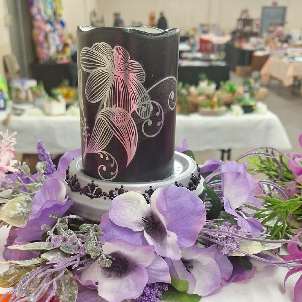 Floral Black Candle with Purple Accents